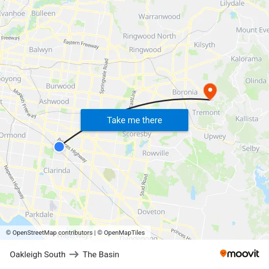 Oakleigh South to The Basin map