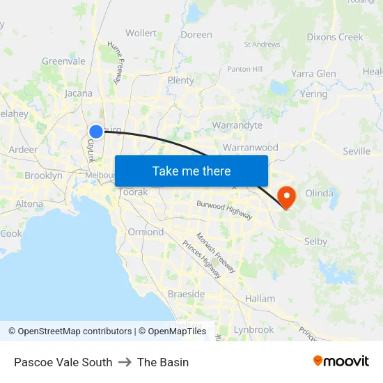 Pascoe Vale South to The Basin map