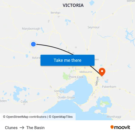 Clunes to The Basin map