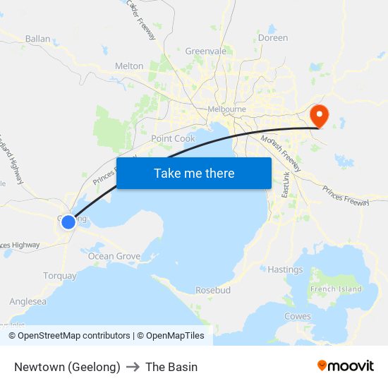 Newtown (Geelong) to The Basin map