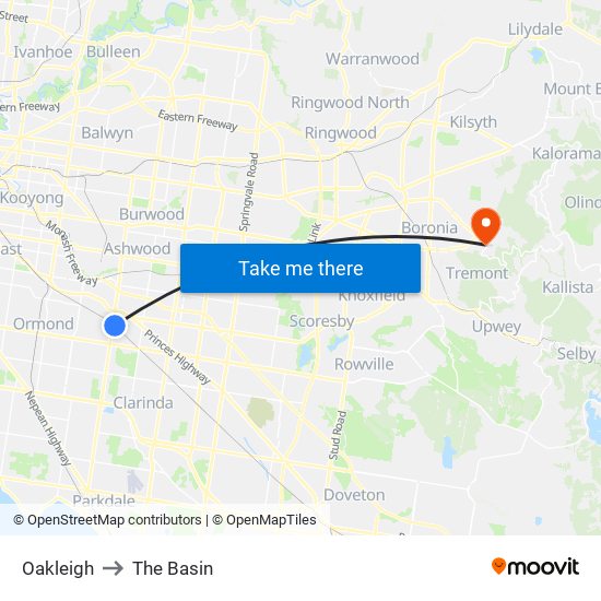 Oakleigh to The Basin map