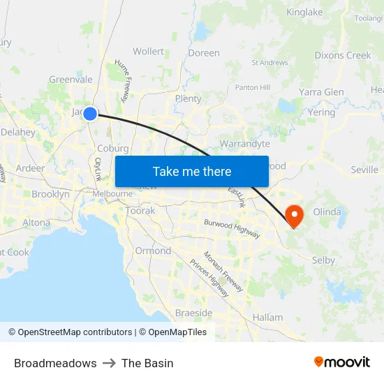 Broadmeadows to The Basin map