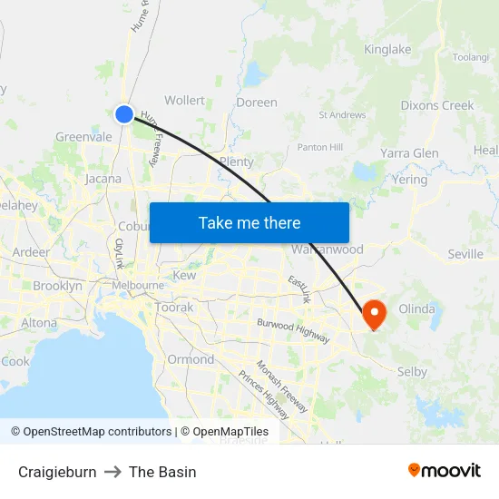 Craigieburn to The Basin map