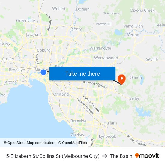 5-Elizabeth St/Collins St (Melbourne City) to The Basin map