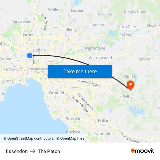 Essendon to The Patch map