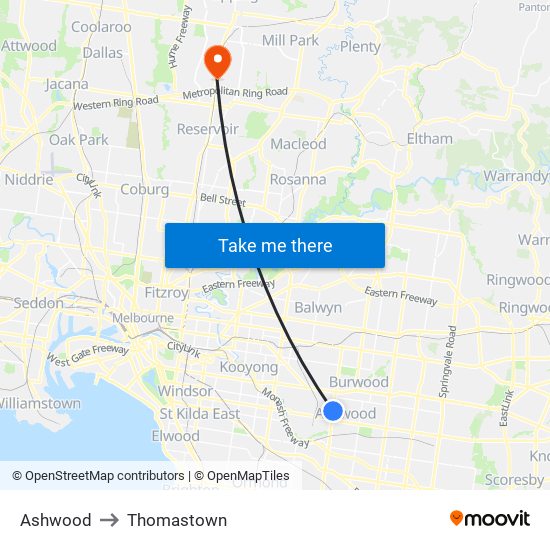 Ashwood to Thomastown map