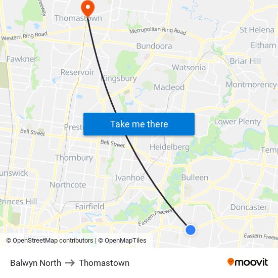 Balwyn North to Thomastown map