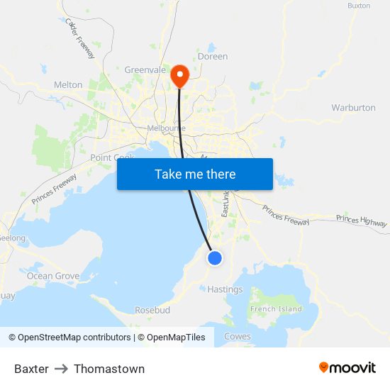 Baxter to Thomastown map