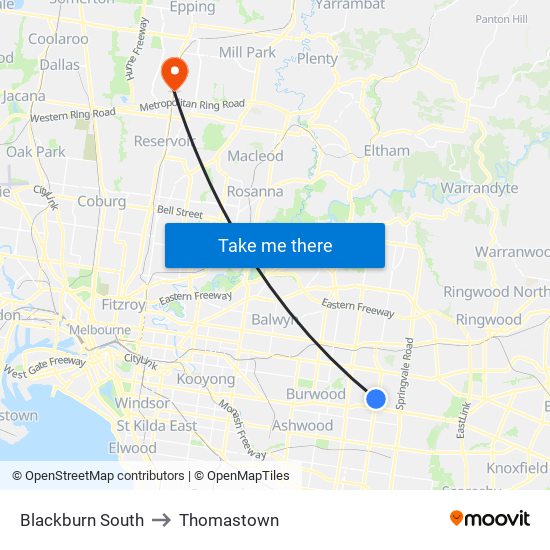 Blackburn South to Thomastown map