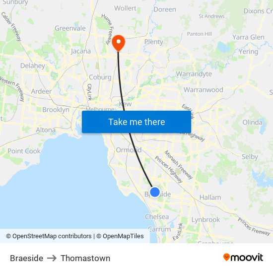 Braeside to Thomastown map