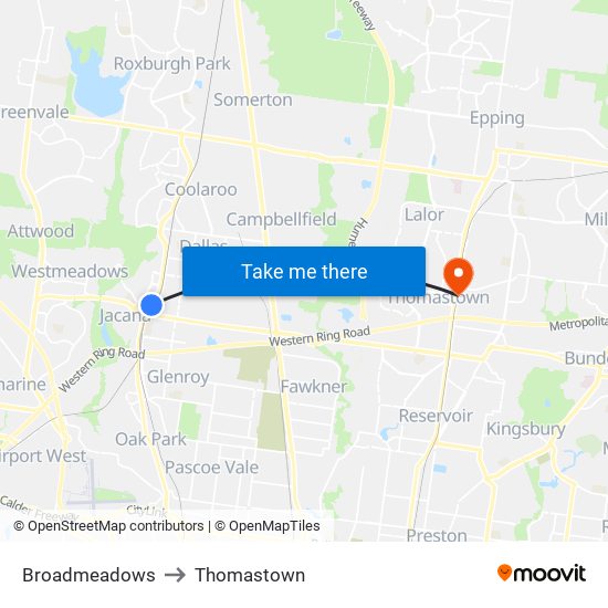 Broadmeadows to Thomastown map