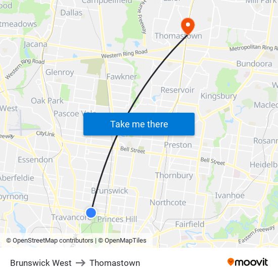 Brunswick West to Thomastown map