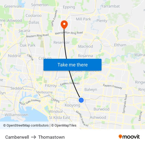 Camberwell to Thomastown map