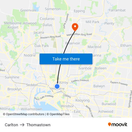 Carlton to Thomastown map