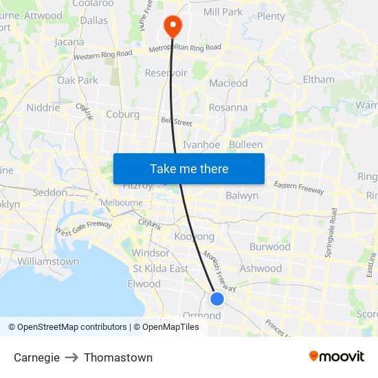 Carnegie to Thomastown map