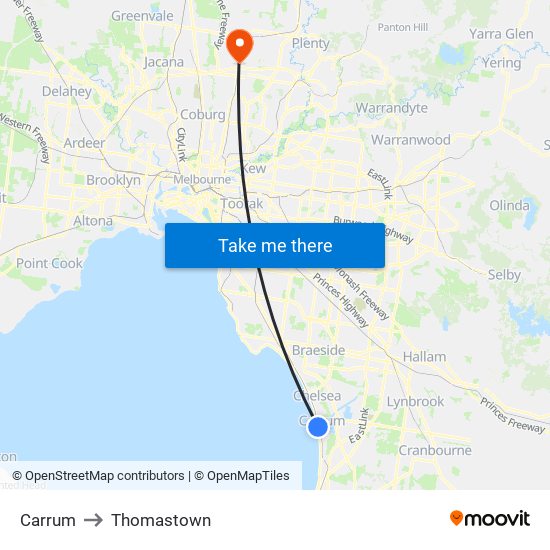 Carrum to Thomastown map