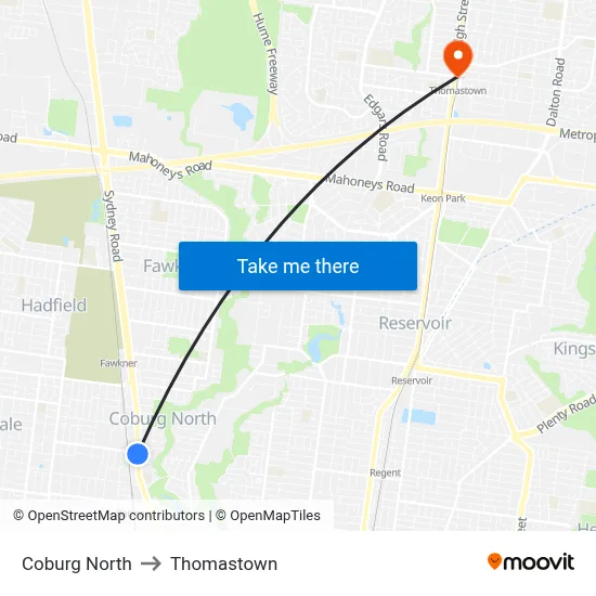Coburg North to Thomastown map