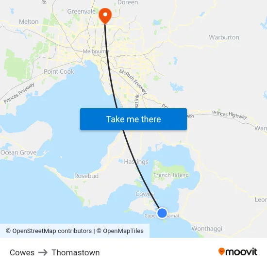 Cowes to Thomastown map