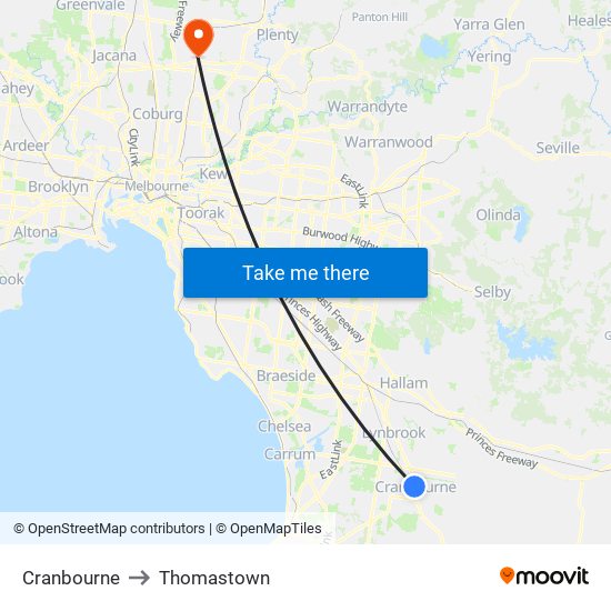 Cranbourne to Thomastown map