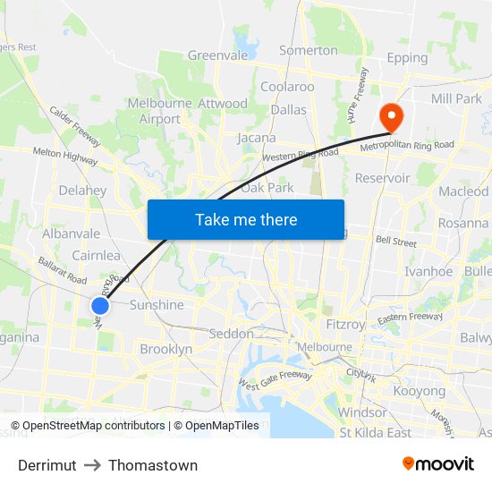 Derrimut to Thomastown map