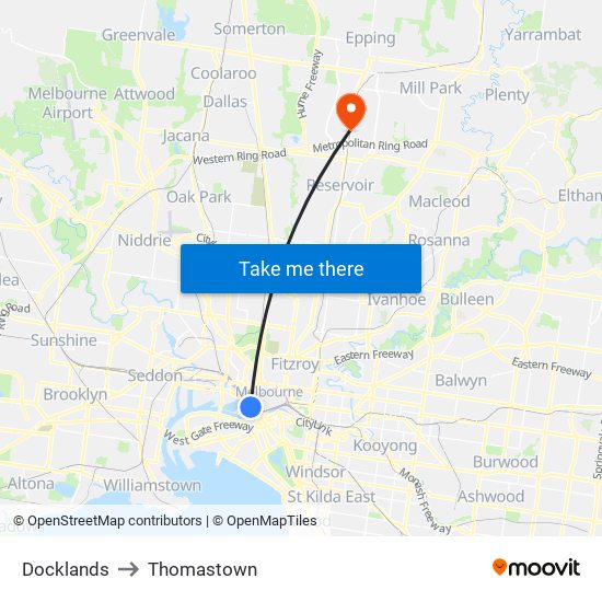 Docklands to Thomastown map
