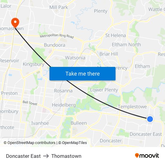 Doncaster East to Thomastown map