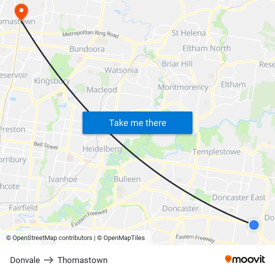 Donvale to Thomastown map