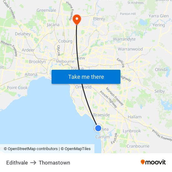 Edithvale to Thomastown map