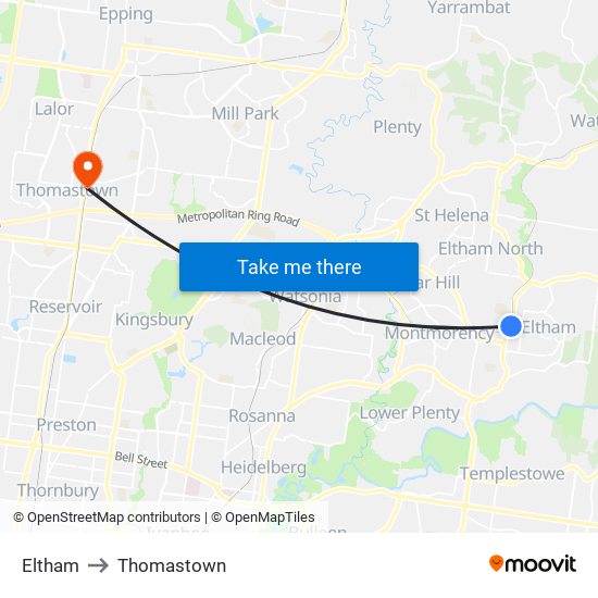 Eltham to Thomastown map