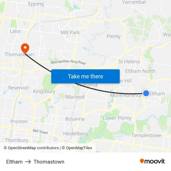 Eltham to Thomastown map