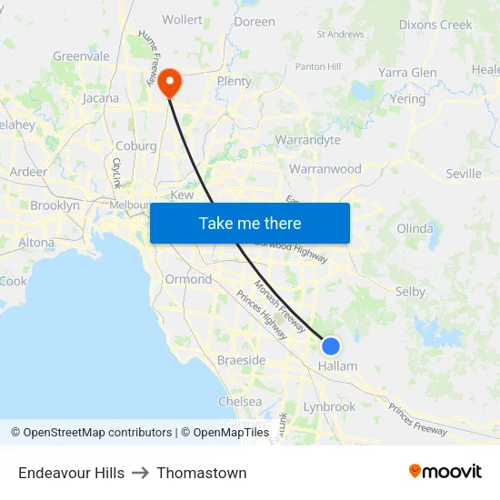 Endeavour Hills to Thomastown map
