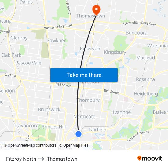 Fitzroy North to Thomastown map