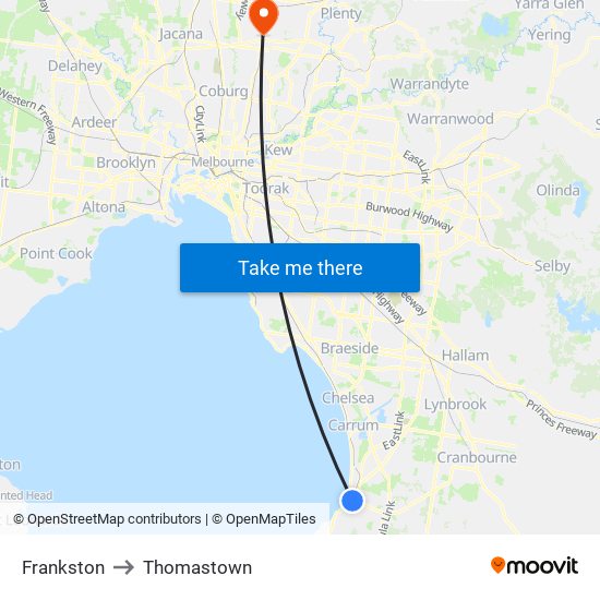 Frankston to Thomastown map