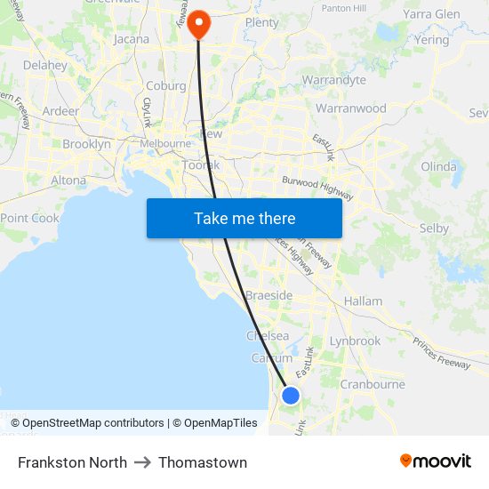 Frankston North to Thomastown map