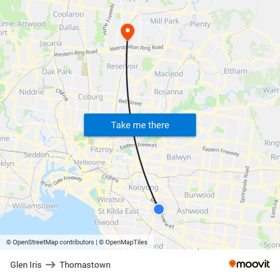 Glen Iris to Thomastown map