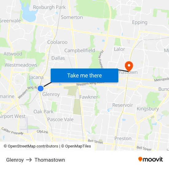 Glenroy to Thomastown map
