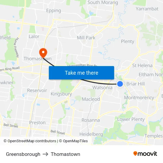 Greensborough to Thomastown map