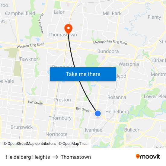 Heidelberg Heights to Thomastown map