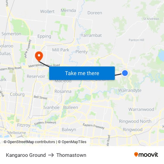 Kangaroo Ground to Thomastown map