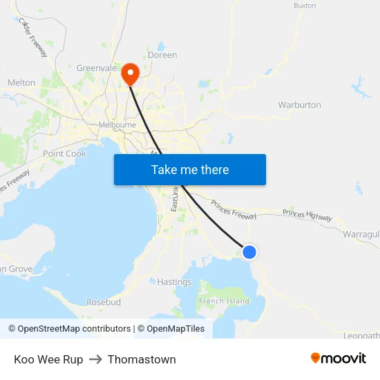 Koo Wee Rup to Thomastown map