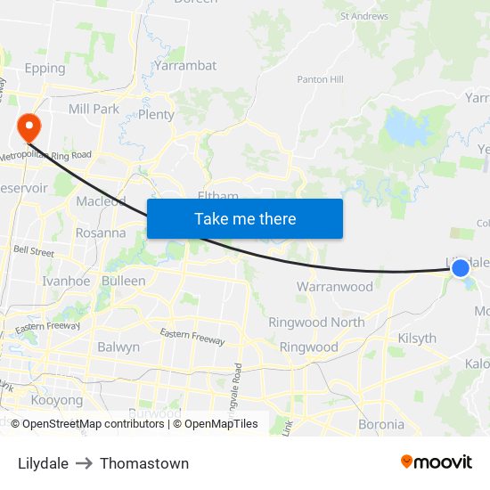 Lilydale to Thomastown map