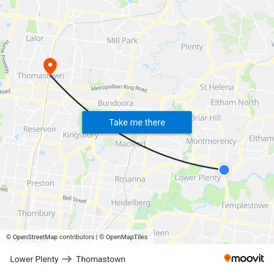 Lower Plenty to Thomastown map