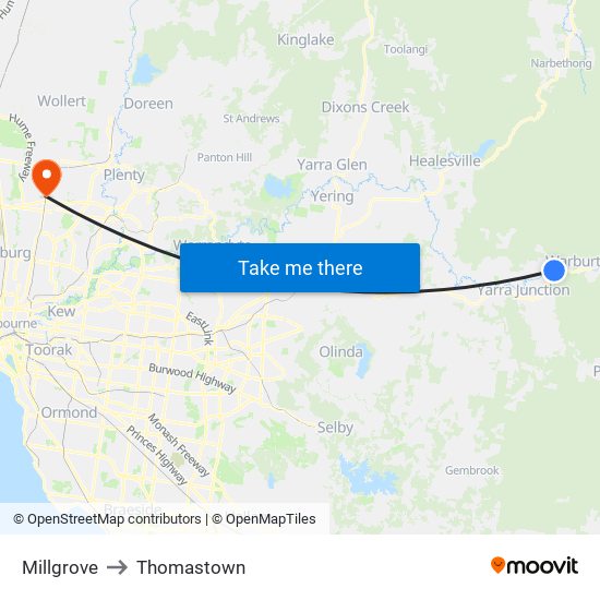 Millgrove to Thomastown map
