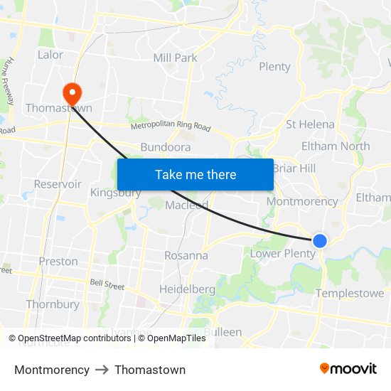 Montmorency to Thomastown map