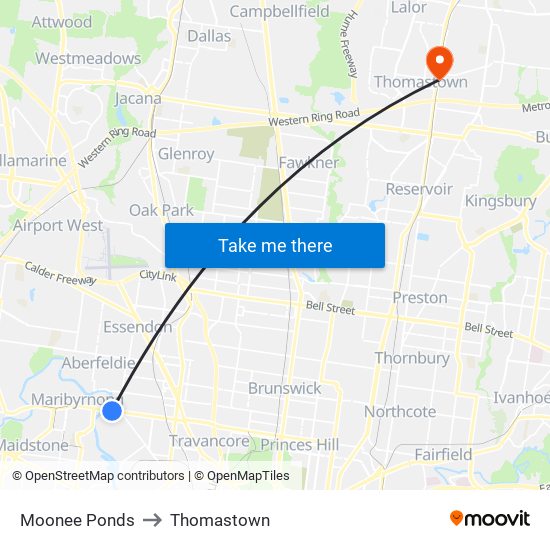 Moonee Ponds to Thomastown map