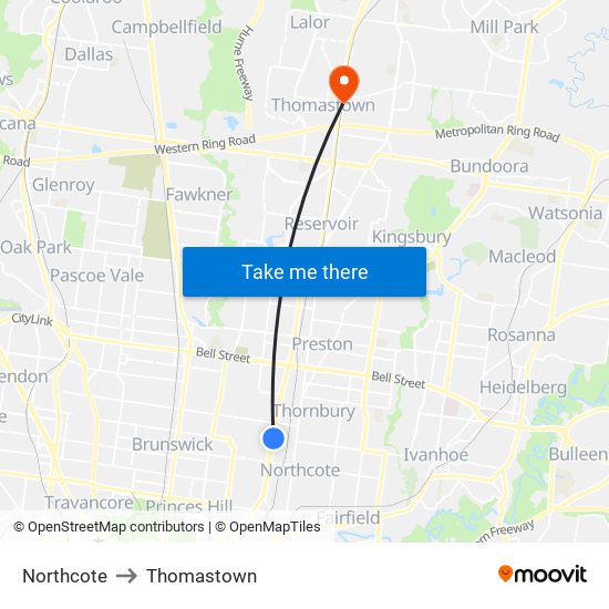 Northcote to Thomastown map