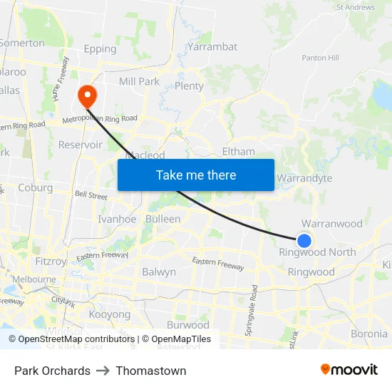 Park Orchards to Thomastown map