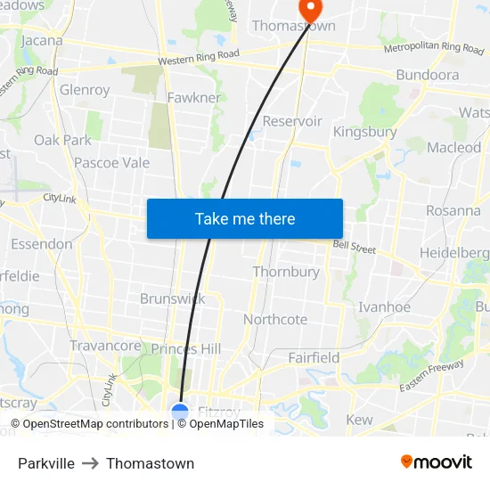 Parkville to Thomastown map