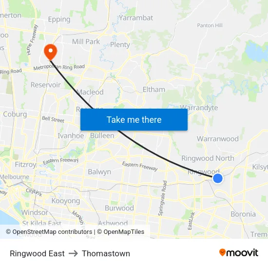 Ringwood East to Thomastown map