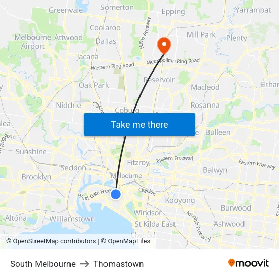 South Melbourne to Thomastown map